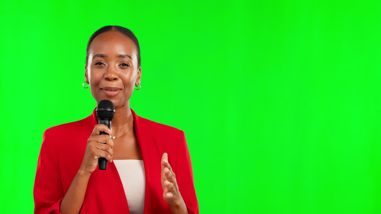 Green screen, microphone and black woman face