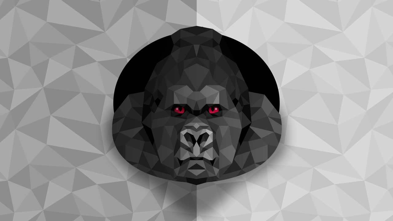 다각형 고릴라 배경. 동물 머리. 낮은 다각형 루프 애니메이션. 기하학적 야생 동물. 다각형 동물 초상화.