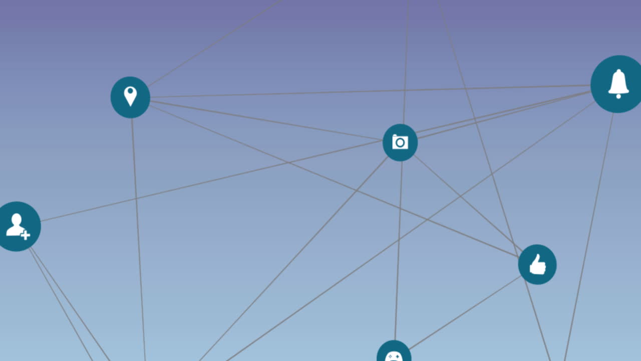 animación de la red de conexiones con iconos de medios sobre fondo azul