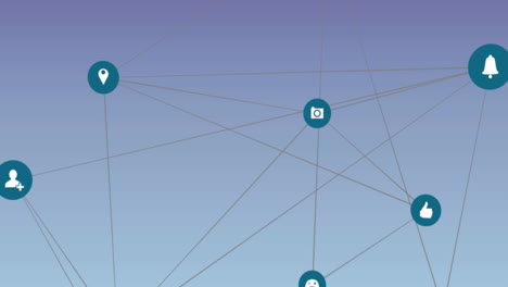 animación de la red de conexiones con iconos de medios sobre fondo azul