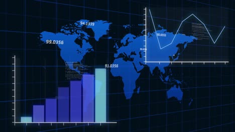 animation of financial data processing with statistics over world map