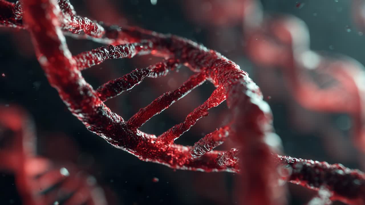 Dinamico primo piano di una elica del DNA che rivela la sua complessa struttura e funzionalità in un ambiente rosso e nero vivido per l'esplorazione scientifica