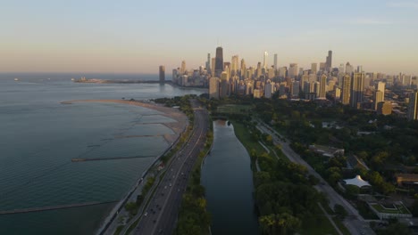 Truck-Left-Reveals-Lake-Michigan-with-Chicago-Cityscape-in-Background