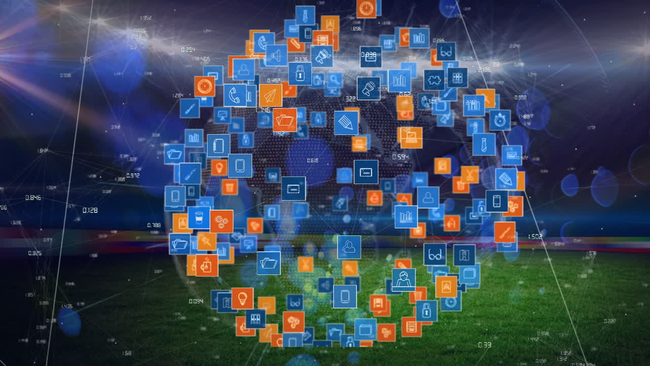 Animation of network of connections with icons over sports stadium