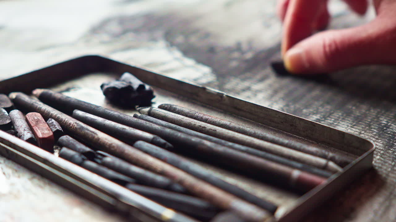 Close-up of used charcoal crayons with an artist working softly out of focus, evoking dedication, craft, and immersive creative flow in a quiet studio