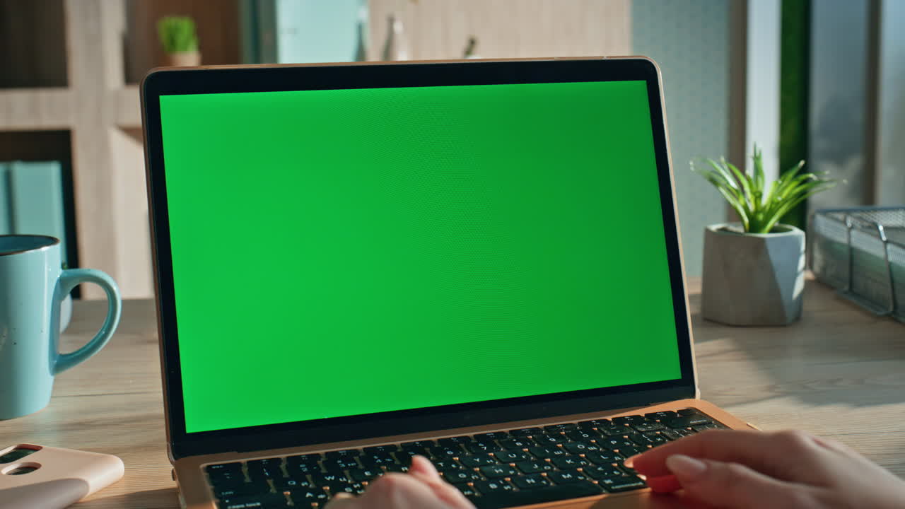 Businesswoman watching webinar mockup laptop monitor on office desk close up.