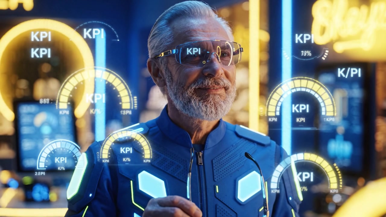 Una scena futuristica con un uomo anziano sicuro di sé che indossa occhiali high-tech e un abito vivace, circondato da interfacce luminose che mostrano vari KPI e metriche di dati.