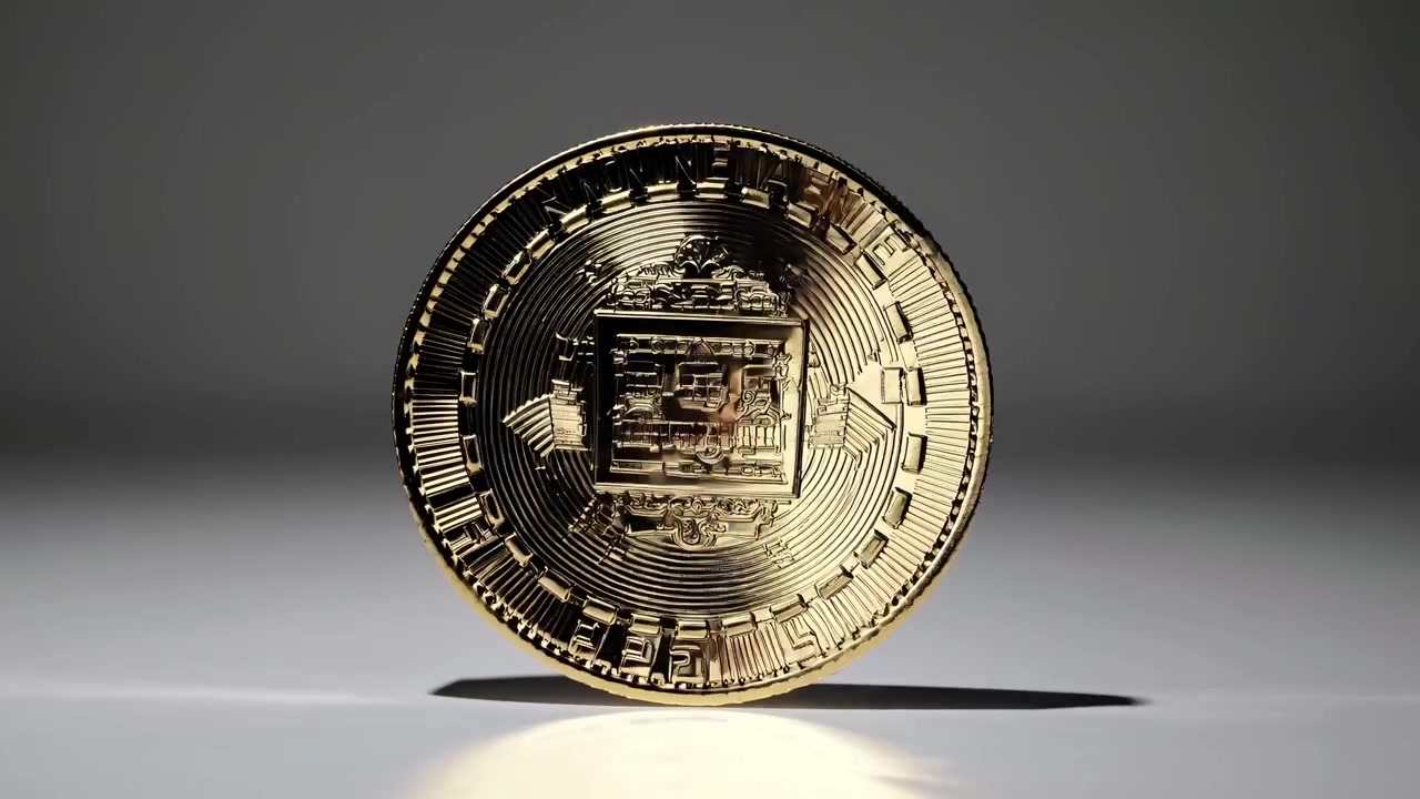 Moeda dourada de luxo girando lentamente em um cenário de estúdio