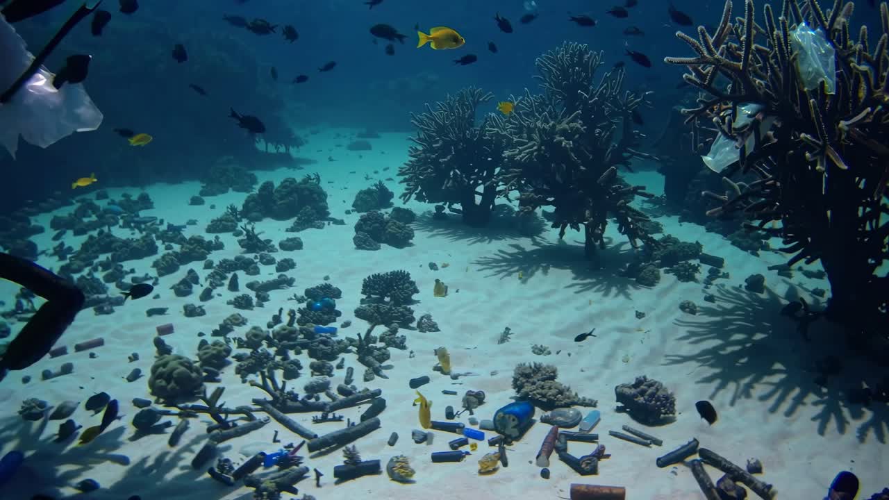 Vídeo subaquático capturando um leito marinho repleto de lixo plástico, visto de um ângulo alto