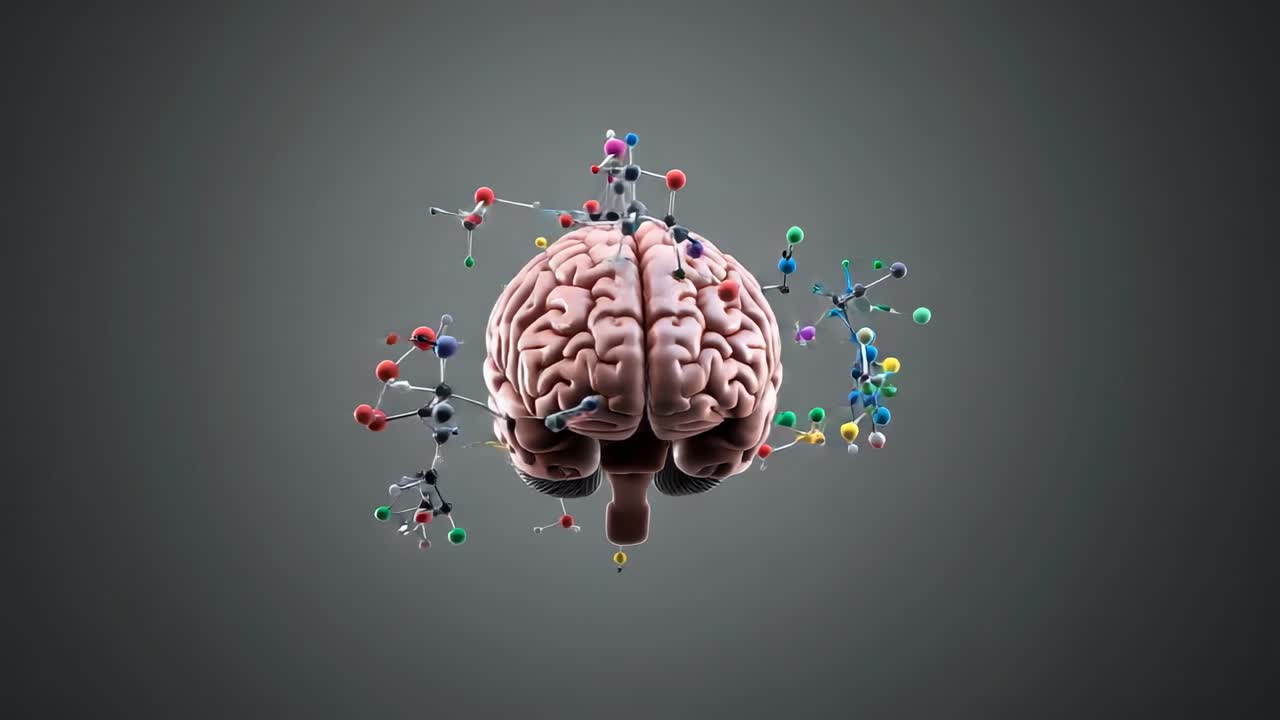 Rotating 3D brain model after animation start on gray background, with colorful molecules orbiting