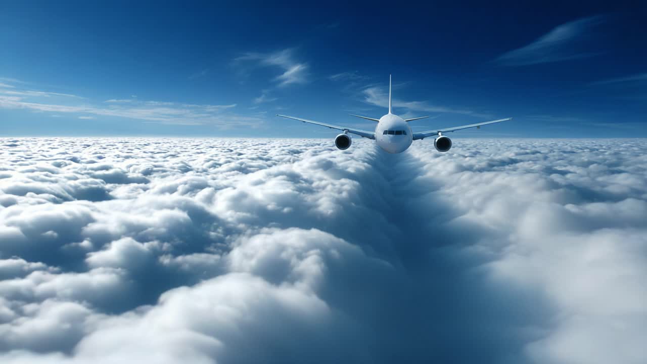 A majestic view of an airplane soaring through a sea of fluffy clouds, capturing the wonder of air travel amidst the vast blue sky, showcasing a perfect day for flying