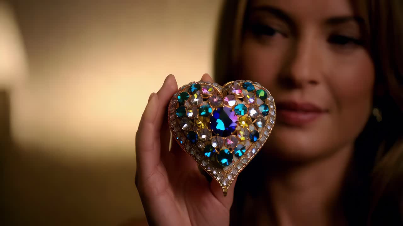 다채로운 심장 모양의 브로치를 들고 있는 여자