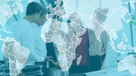 in office, business team discussing strategy with animation of world map overlay