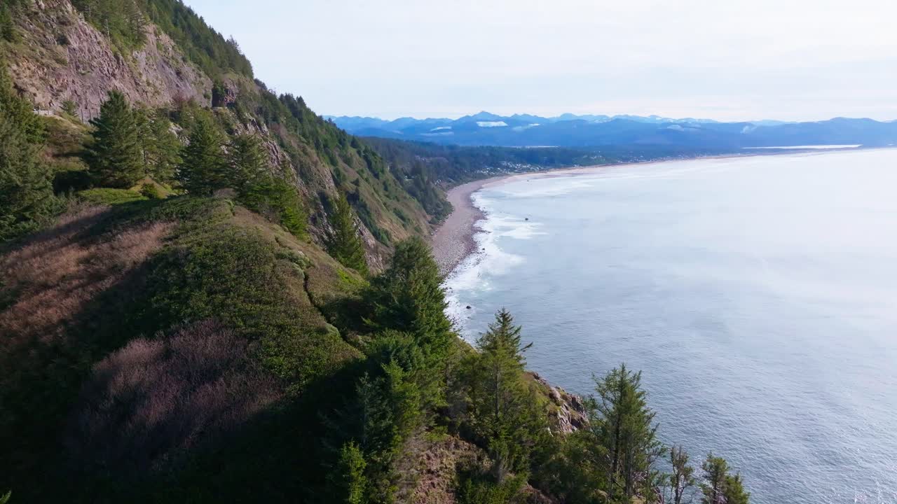 Vista aerea da drone della costa frastagliata e delle onde dell'Oregon