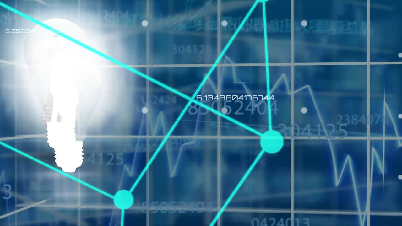 파란색 배경에 있는 재무 데이터 위에 있는 큐브와  ⁇ 불의 애니메이션