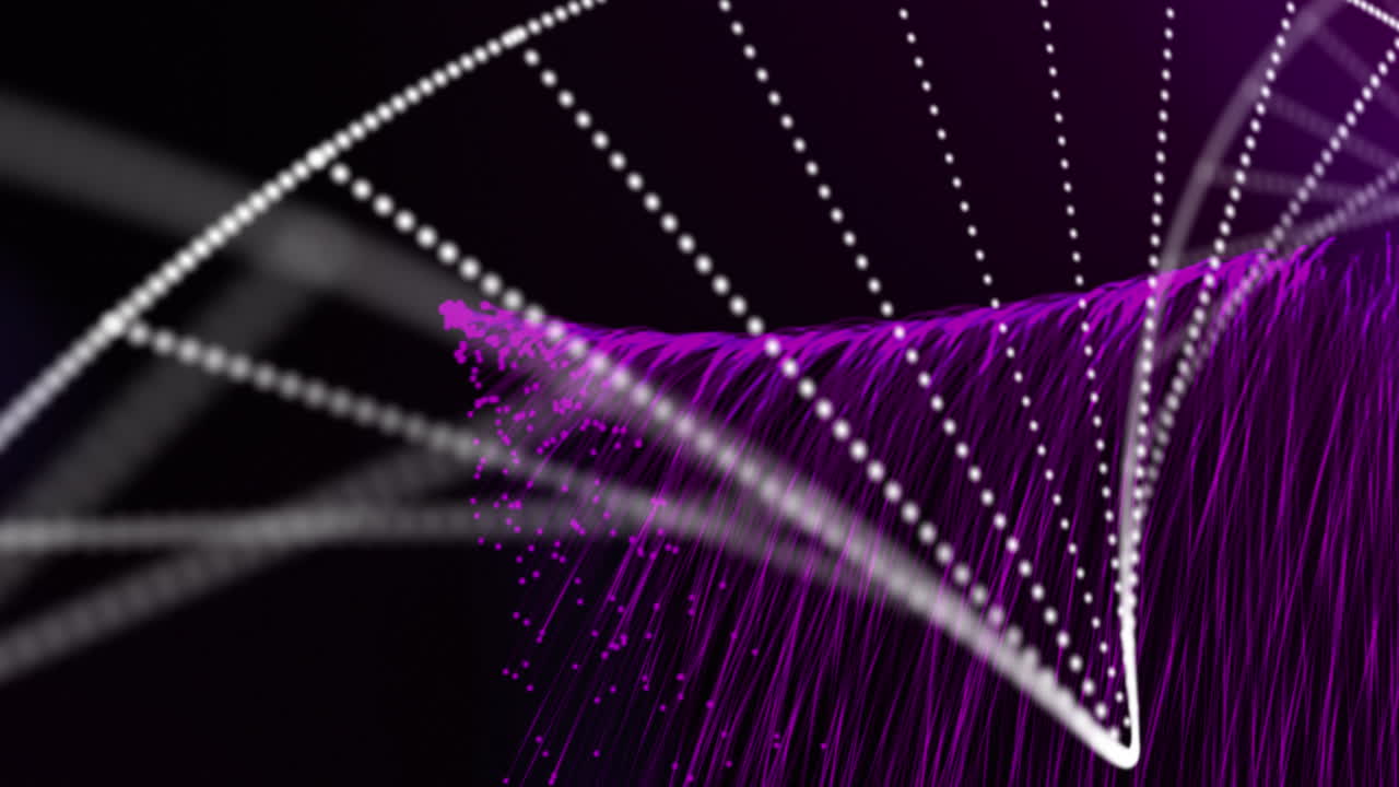 Animation of dna strand spinning with purple light trails over black background