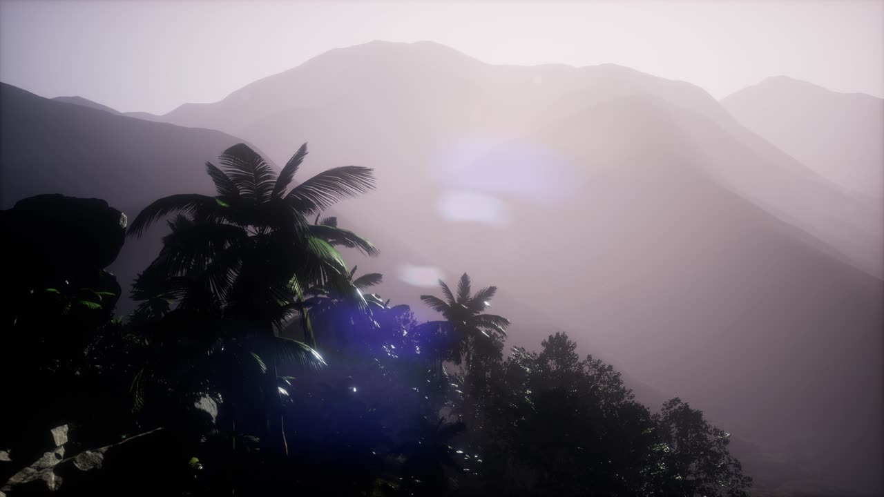 paisaje de montaña y campo con palmeras