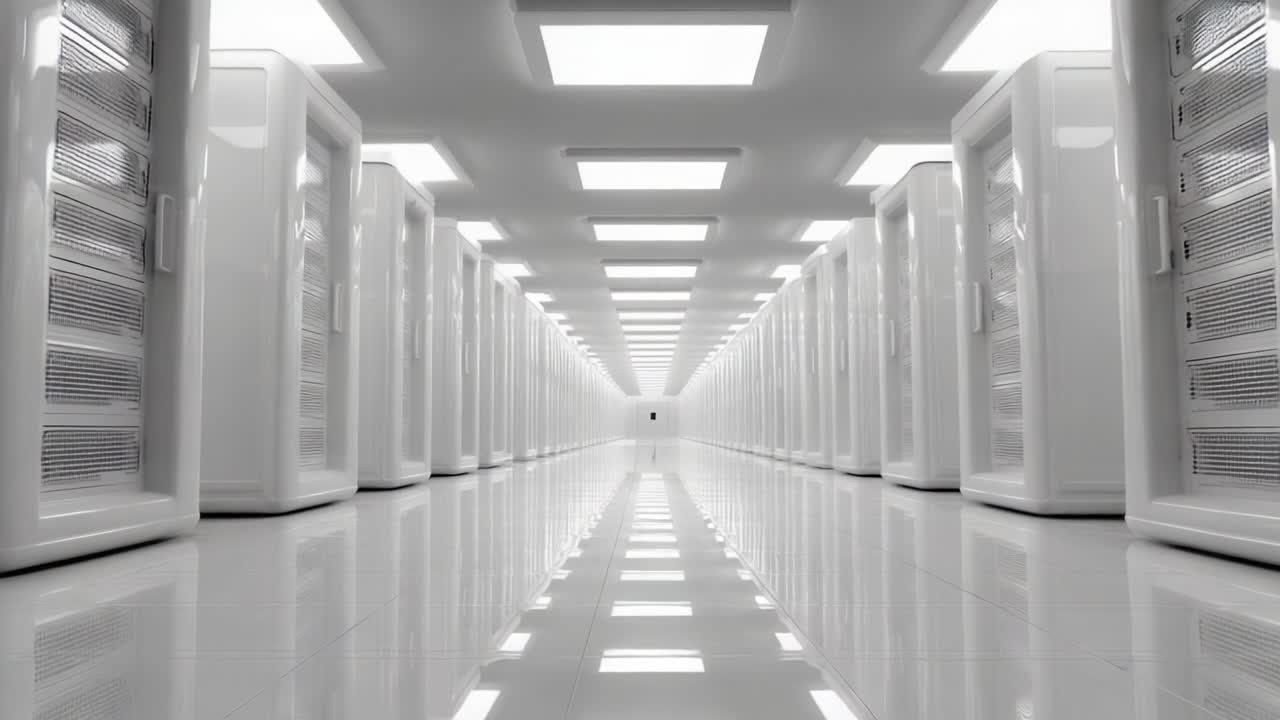 A Serene View of a Modern Data Center with Rows of Server Racks Highlighting Advanced Technology and Efficient Infrastructure in a Futuristic Environment