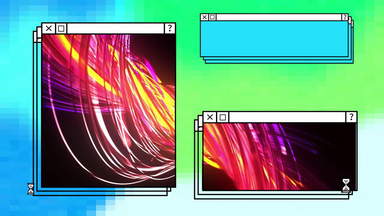 Animation of digital interface with colourful light trails on blue and green background