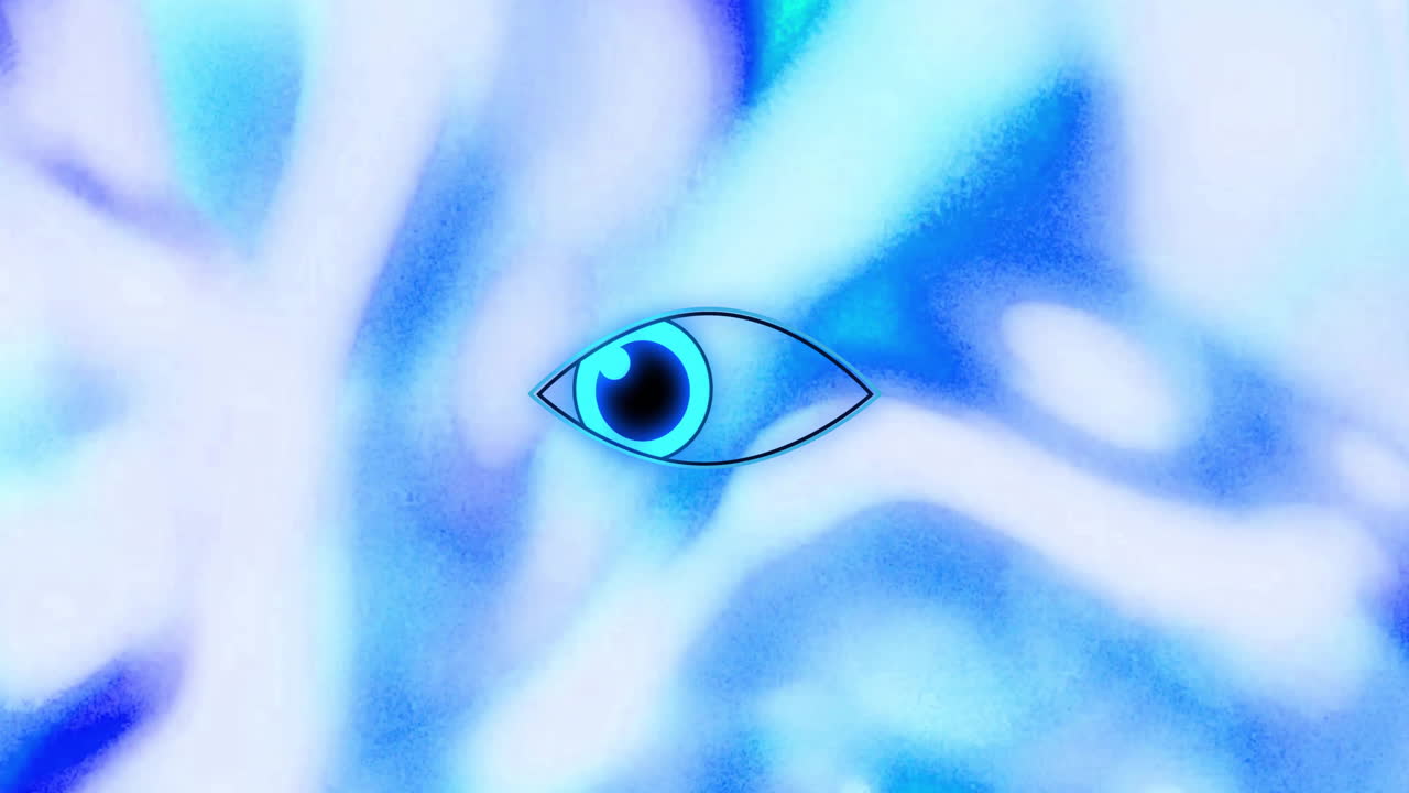Animation of eye icon over blue moving background