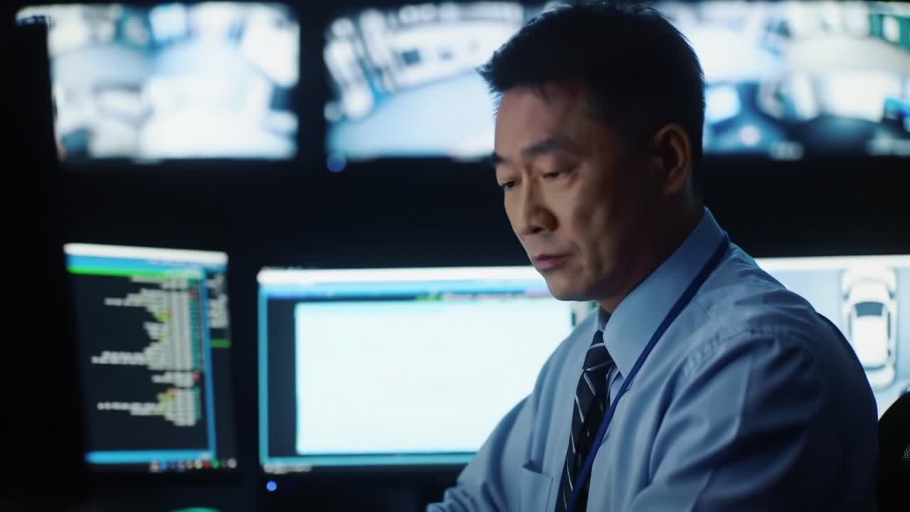 Focused Professional in Control Room Analyzing Surveillance Footage and Data on Multiple Monitors with Calm Determination and Attention to Detail