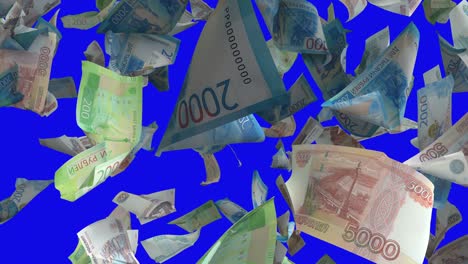 falling russian ruble banknotes on blue chroma key 4k loopable