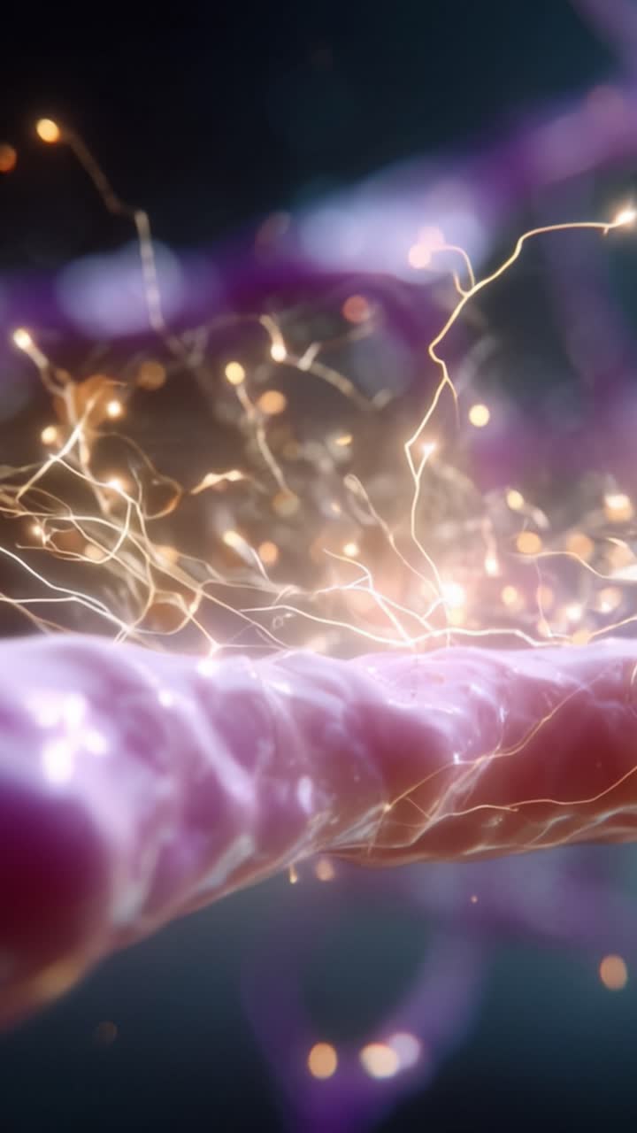 Dynamic Neural Connections: A Stunning Close-Up of Synaptic Activity Featuring Electric Pulses and Vivid Colors in a Microscopic Environment
