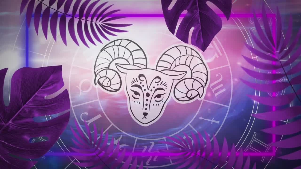 보라색 배경에 아리우스 별자리와 별자리 조디악 별자리 바 ⁇ 의 애니메이션