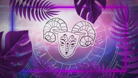 Animation-of-aries-star-sign-and-horoscope-zodiac-sign-wheel-on-purple-background