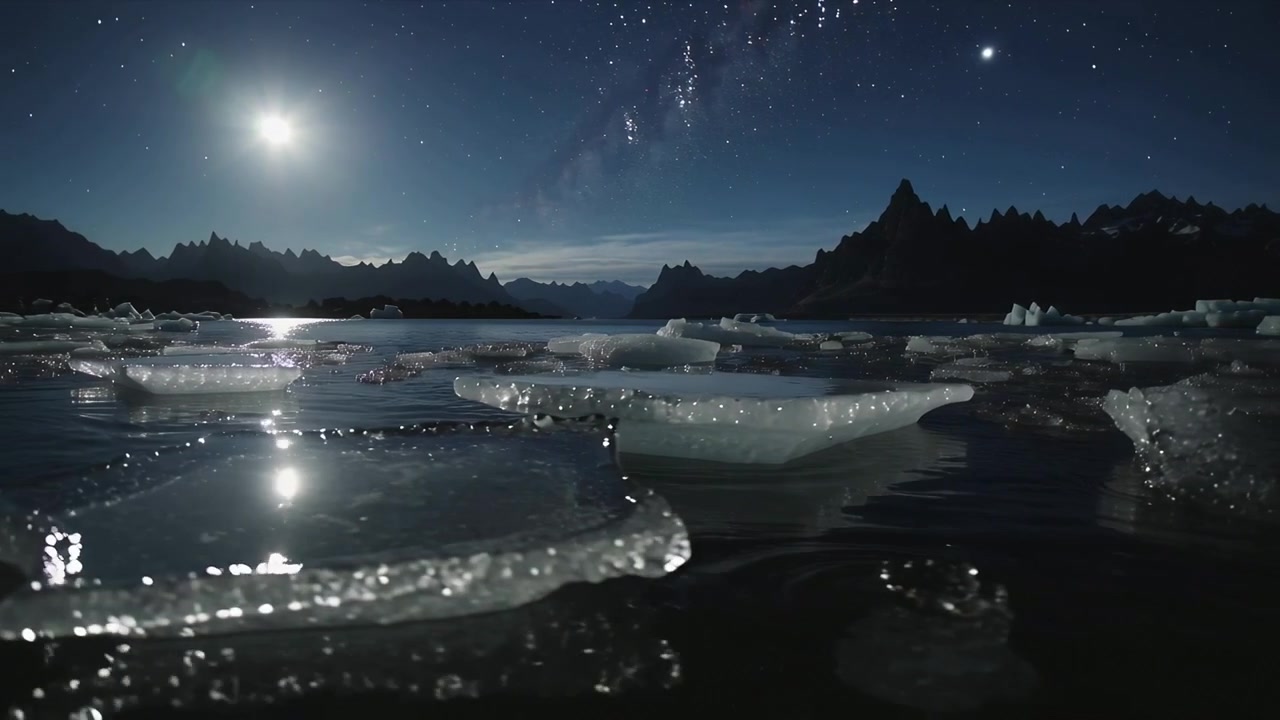 Panoramica mentre sorge la luna, che proietta luce su lastroni di ghiaccio alla deriva in una laguna glaciale, con la Via Lattea sullo sfondo