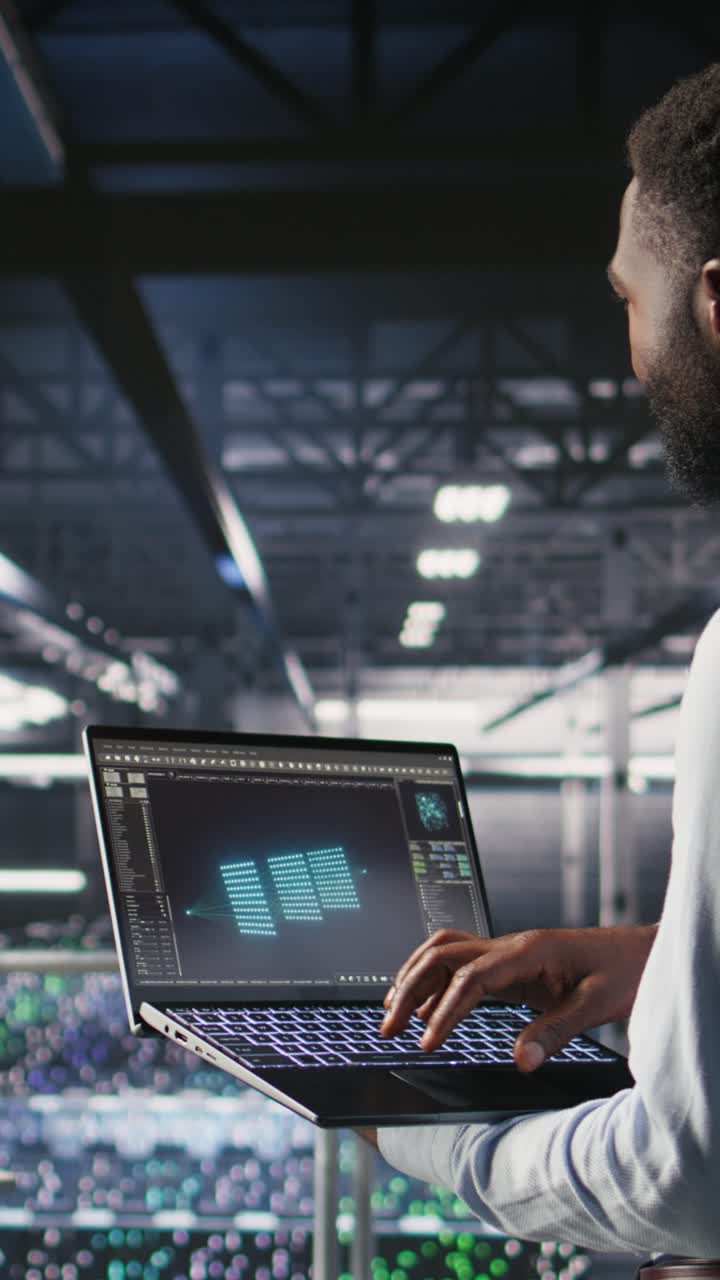 Vertical video Server hub coworkers visualizing AI large language model using notebook