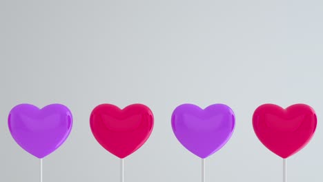 corazones rosados púrpuras en palos blancos en fondo aislado blanco. muévese a la izquierda y gire. copie el espacio. símbolos de amor, como, mujeres felices, madre, valentín, cumpleaños. bucle de animación 3d de 4k