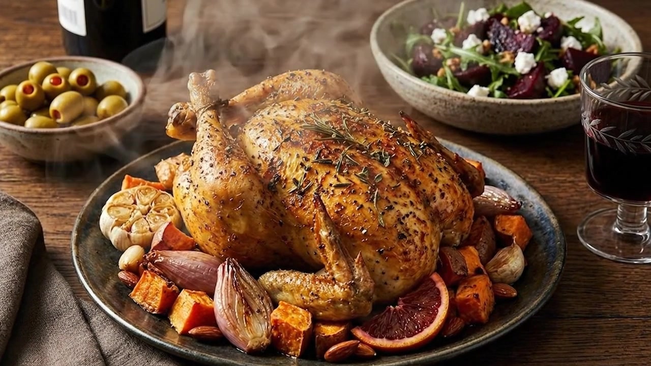 Pollo arrosto fumante con verdure su un tavolo rustico