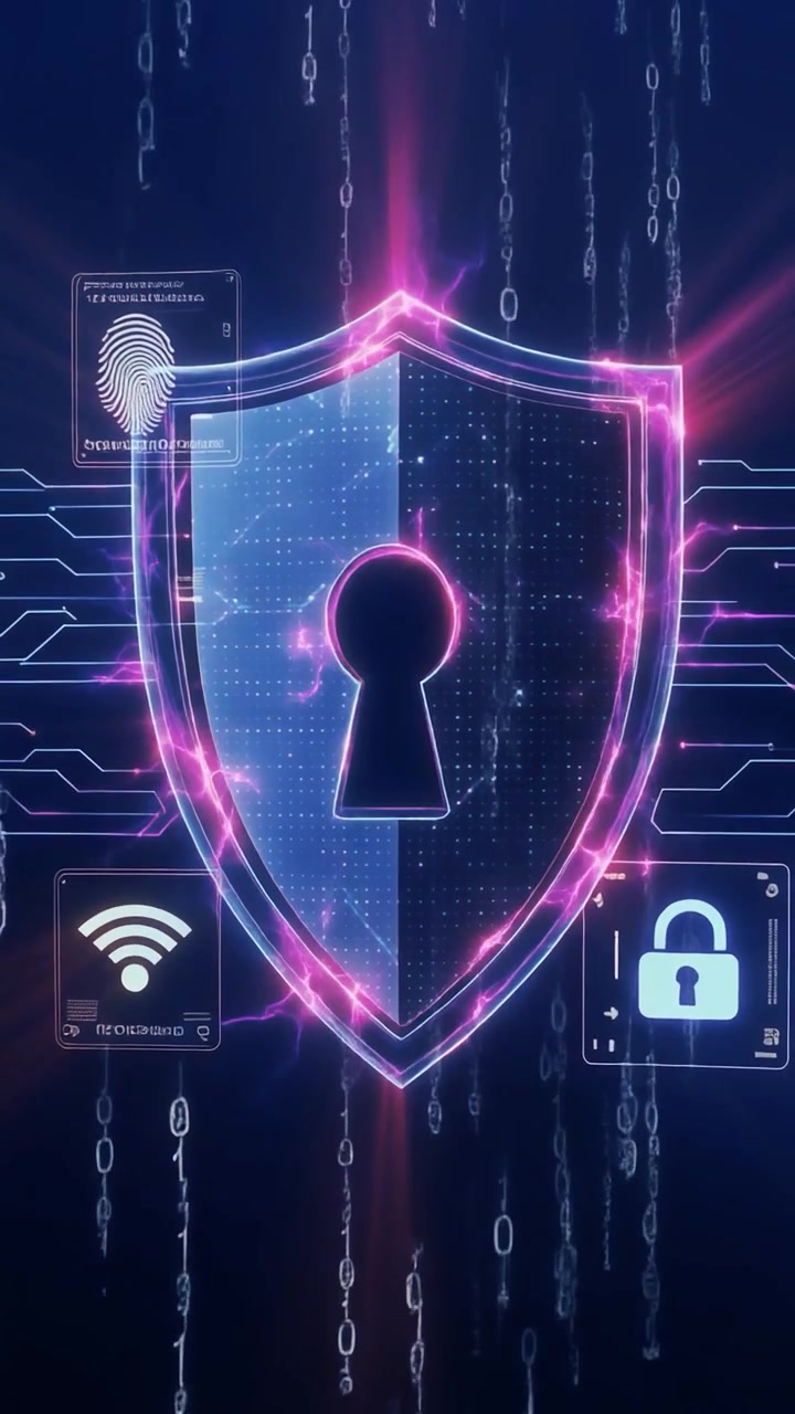 Scudo di sicurezza informatica digitale con codice binario e icone di rete