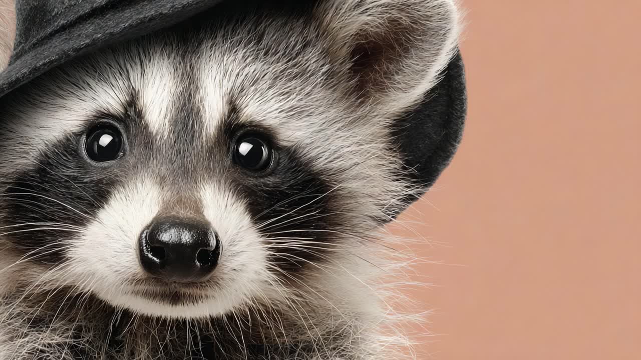 Charming Raccoon in a Stylish Hat: A Whimsical Close-Up Portrait of an Adorable Little Critter with Expressive Eyes Captured in a Playful Mood