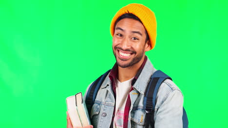 Pointing,-student-books-and-man-on-green-screen