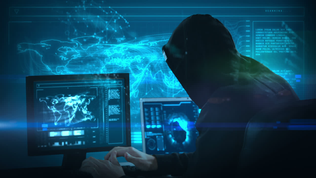 Composite video of hacker using laptop