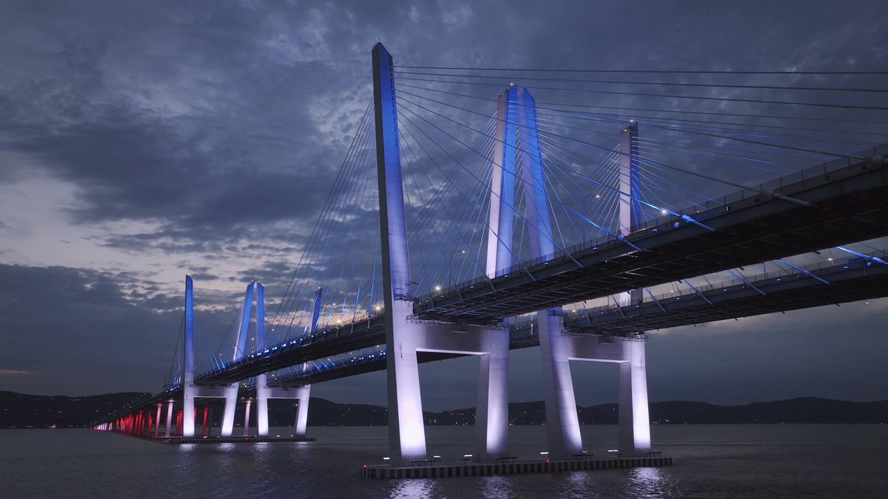 Aerial view of The Tappan Zee Bridge at night. Shot at dusk in Tarrytown.