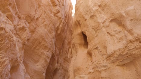 looking up at eroded sandstone canyon walls with cavity hole on the right