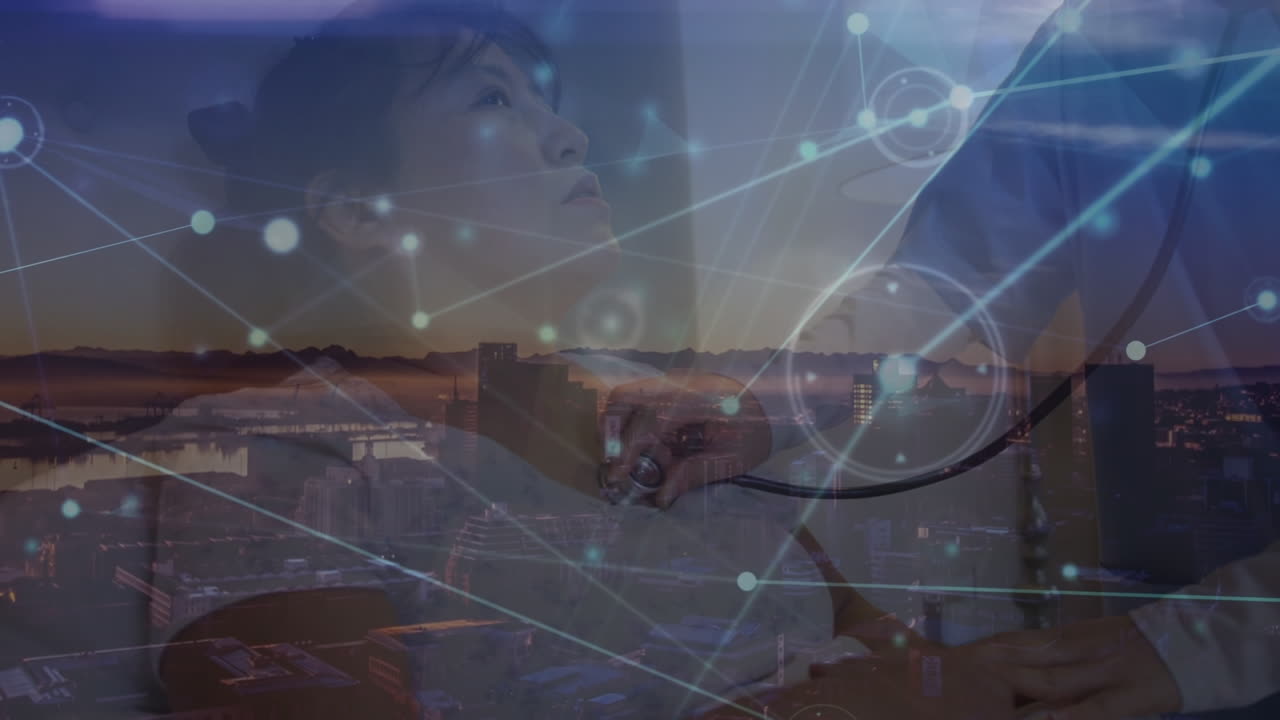 환자와 스테토스코프를 가진 여성 의사에 대한 아이콘으로 연결 네트워크의 애니메이션