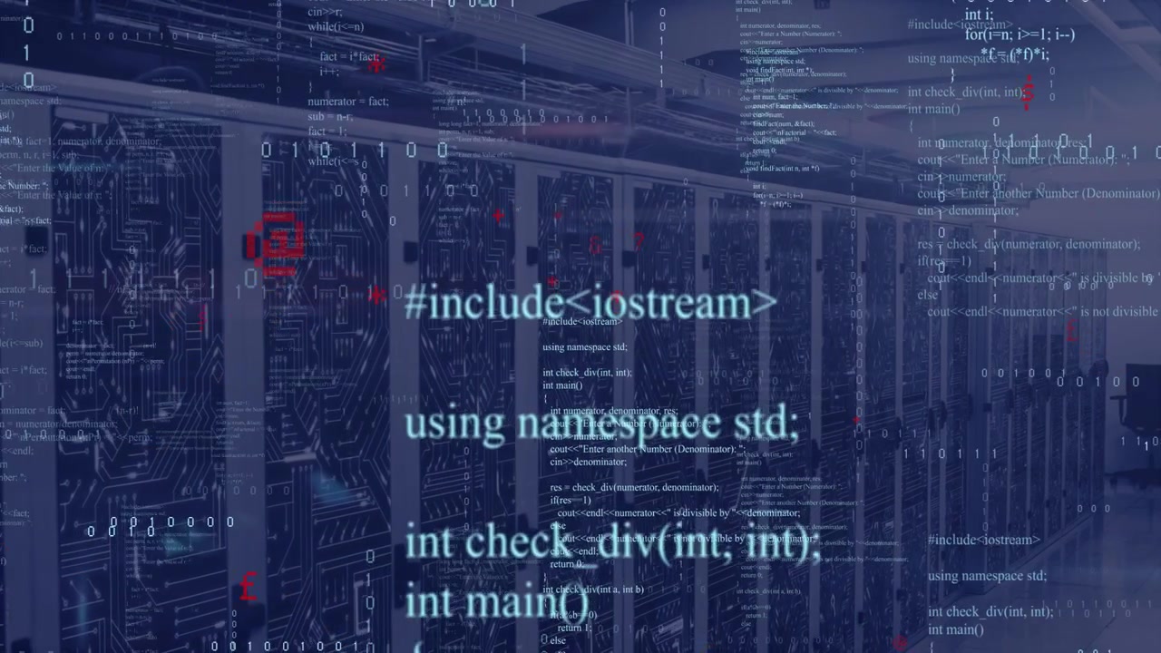 Animeret kode, binære og røde markører starter over serverracks i et datacenter, driver og stiger for overvågning.