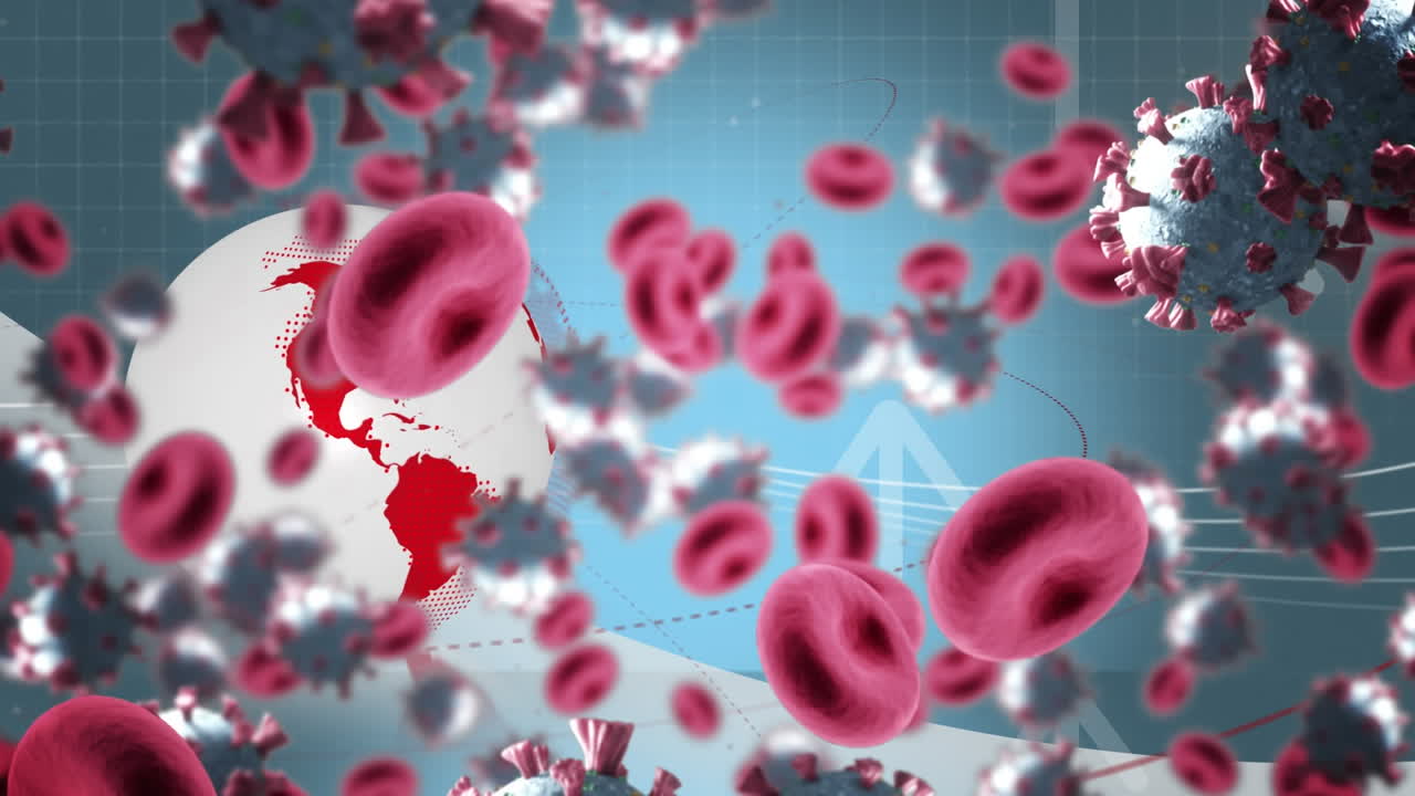 animación de células de covid 19 volando sobre el globo y la rejilla