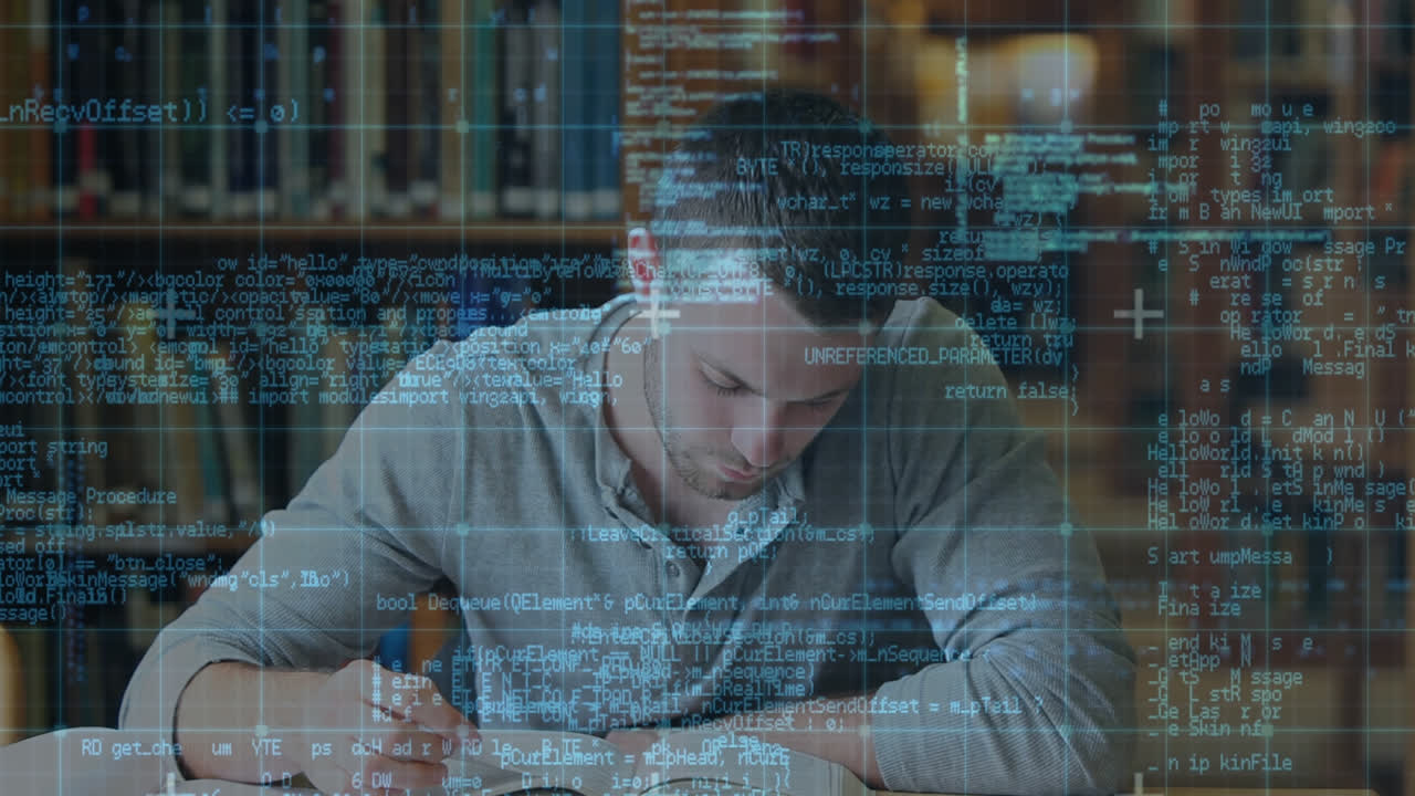 animación del procesamiento de datos sobre estudiantes varones que leen libros aprendiendo desde casa