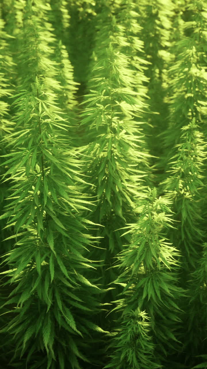 Rigogliose piante di cannabis verdi che crescono in un campo organizzato sotto la luce intensa del sole
