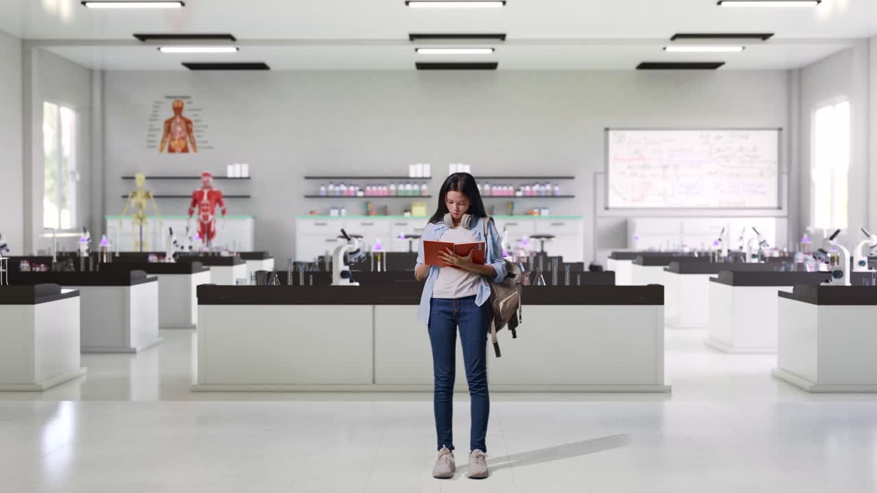 배을 들고 노트북에 메모를 하고 생각하고 과학 실험실에 서 있는 동안 지표손가락을 올리는 아시아 십대 소녀 학생의 몸이 가득 차 있습니다.