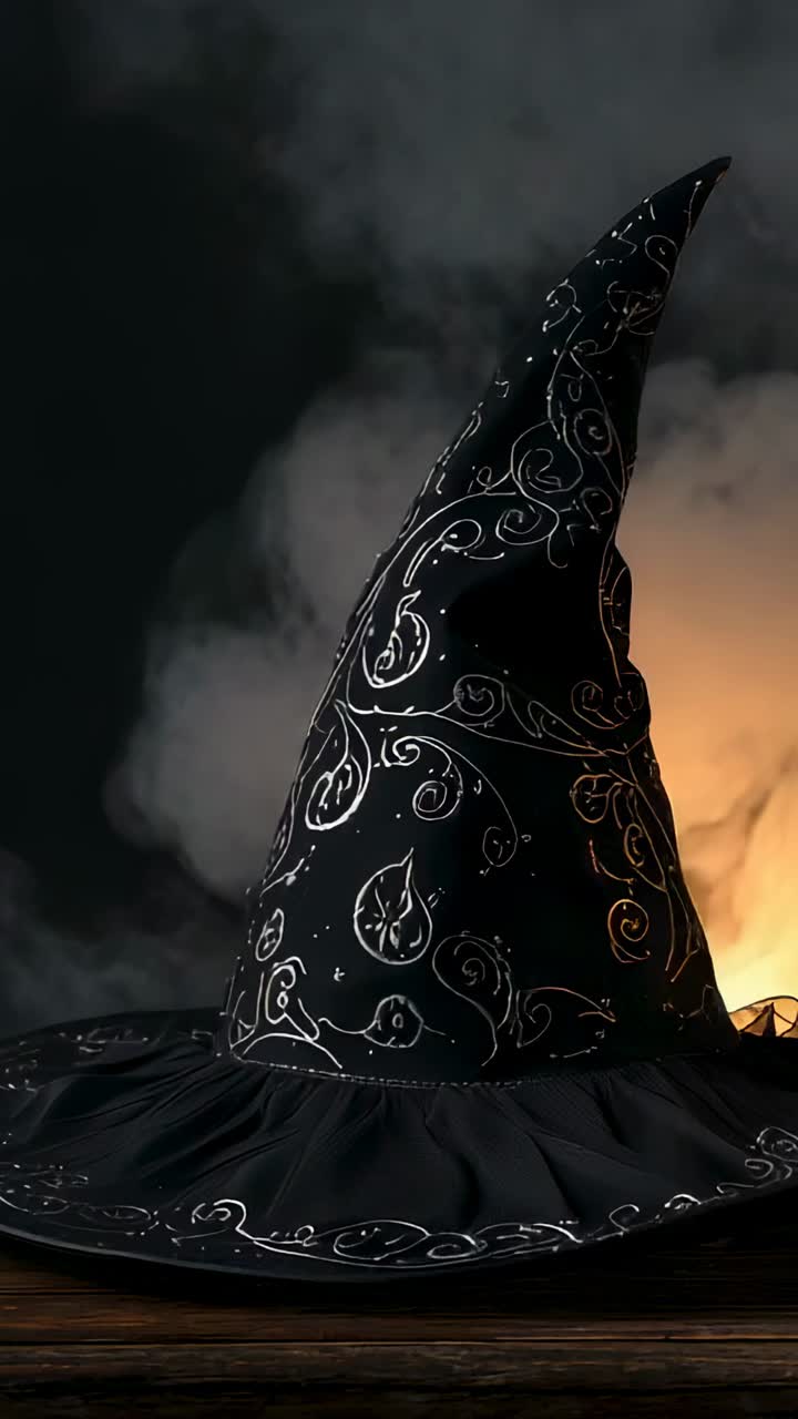 Vertical video: Casting warm glow behind black hat on table, with smoke swirling over scrollwork