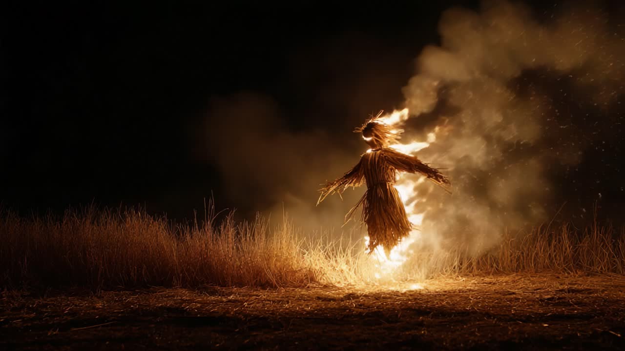 A Mysterious Scarecrow Surrounded by Flames in an Enigmatic Nightscape Captivates with Its Eerie Glow and the Dance of Shadows Amidst the Burnt Grass