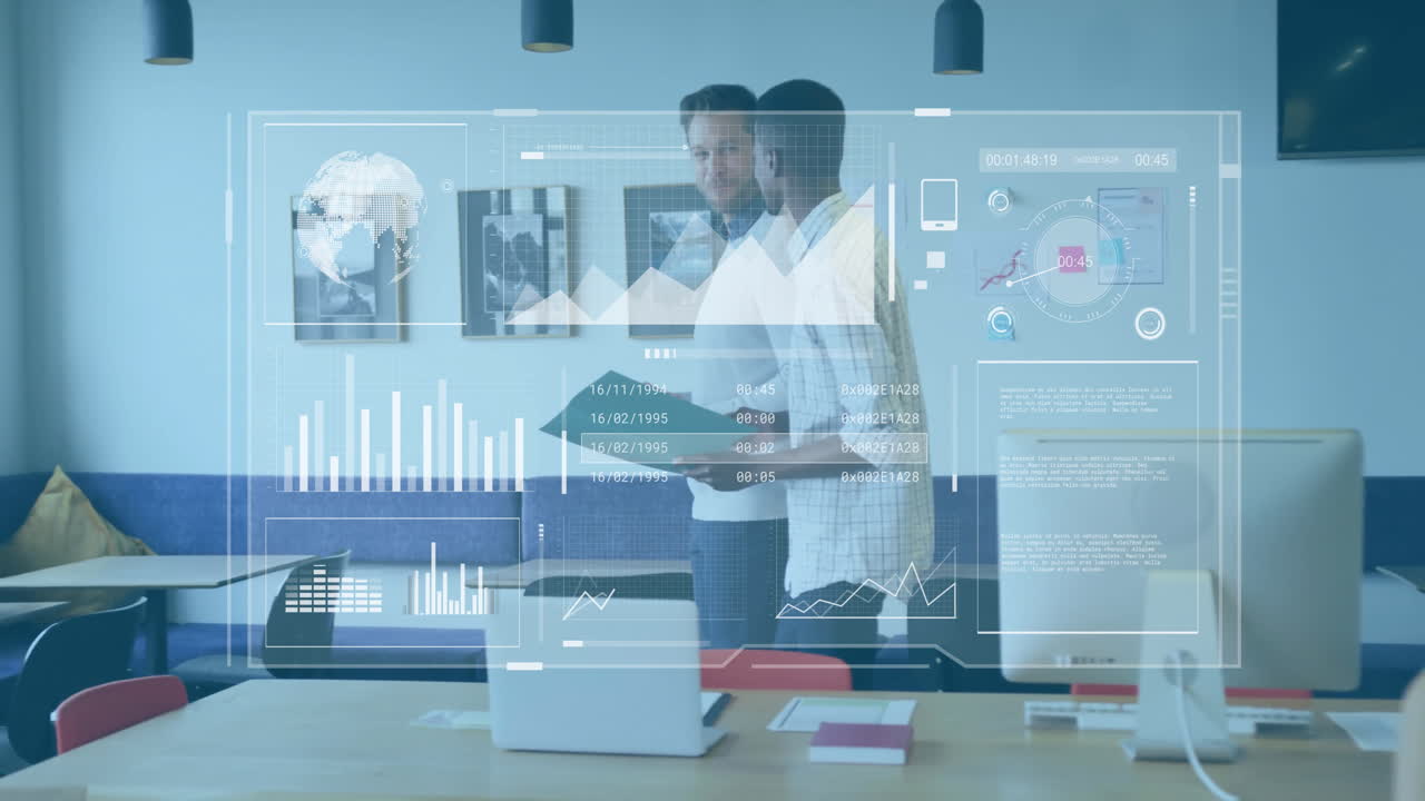 discutiendo en la oficina, colegas analizando datos comerciales con visualizaciones animadas