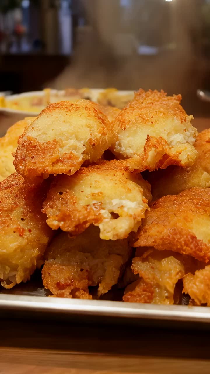 Video verticale: la camera si allontana rivelando dei pasticcini fumanti su un vassoio durante un banchetto, mostrando il buffet