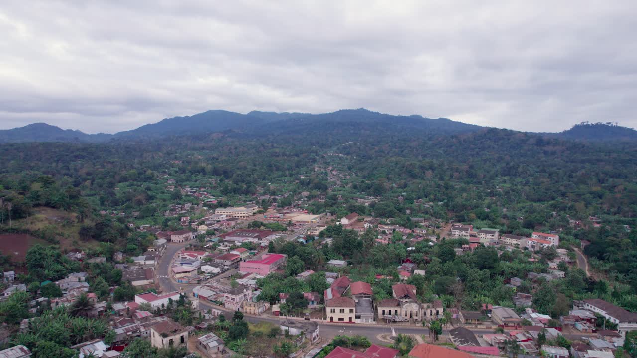 Aerial view of São Tomé Countryside with buildings and road